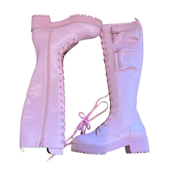 Current Mood Pink Knee High Obsidian Combat Boots - Picture 4 of 7